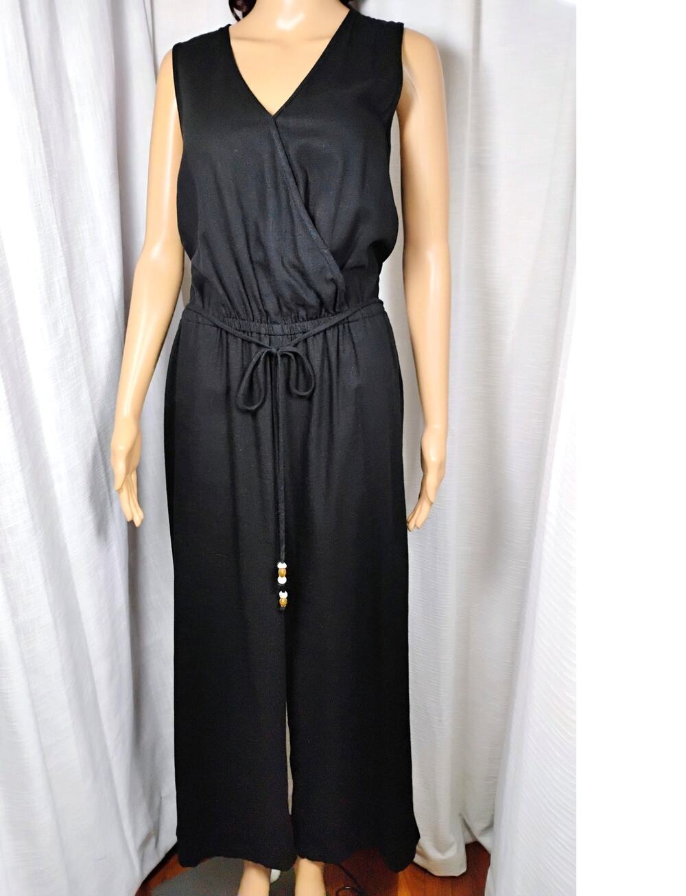 Karen Kane Womens L Black Linen Rayon Wrap Jumpsuit Wide Leg Minimalist
